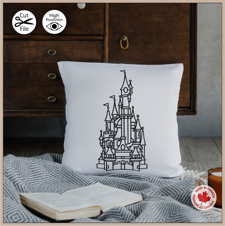 Magical fairy tale castle outline cut file design in jpg, png, svg, eps, dxf, ai, psd, pdf shown as a heat transfer on a pillow.