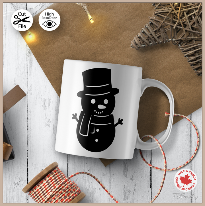Snowmen silhouette with a top hat cut file design in jpg, png, svg, eps, dxf, ai, psd, pdf shown as mug press transfer design
