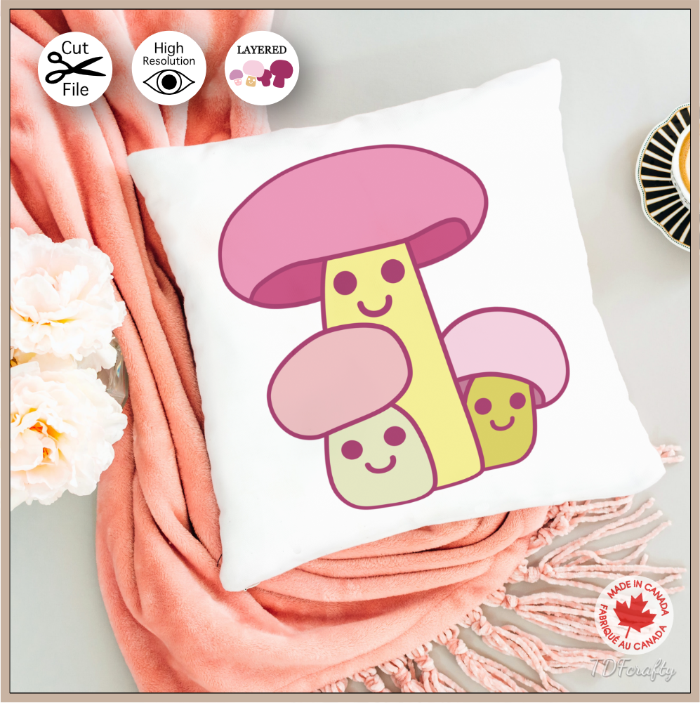 Cute pastel mushrooms bundle cut file design in jpg, png, svg, eps, dxf, ai, psd, pdf shown as a pillow heat transfer.