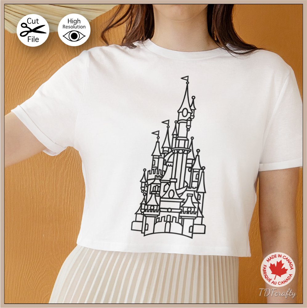 Magical fairy tale castle outline cut file design in jpg, png, svg, eps, dxf, ai, psd, pdf shown as a heat transfer on a t-shirt