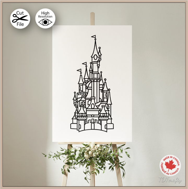 Magical fairy tale castle outline cut file design in jpg, png, svg, eps, dxf, ai, psd, pdf shown as printable poster.