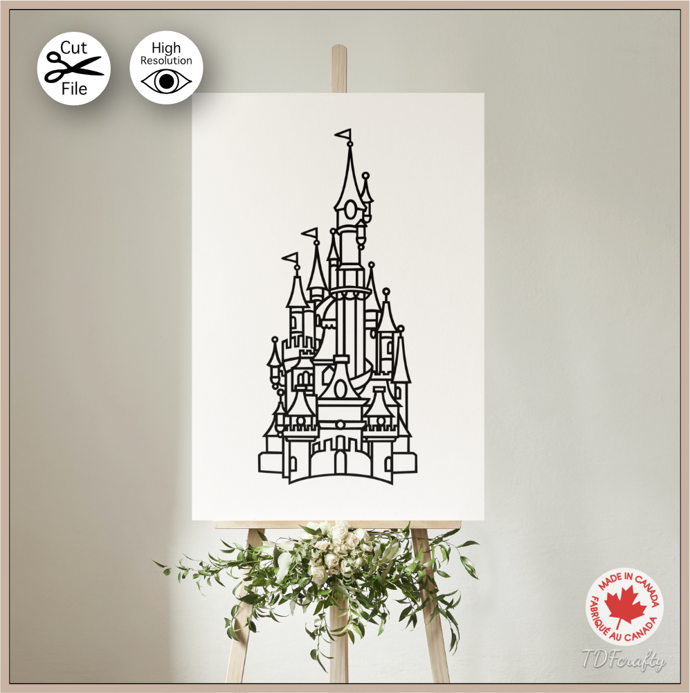 Magical fairy tale castle outline cut file design in jpg, png, svg, eps, dxf, ai, psd, pdf shown as printable poster.