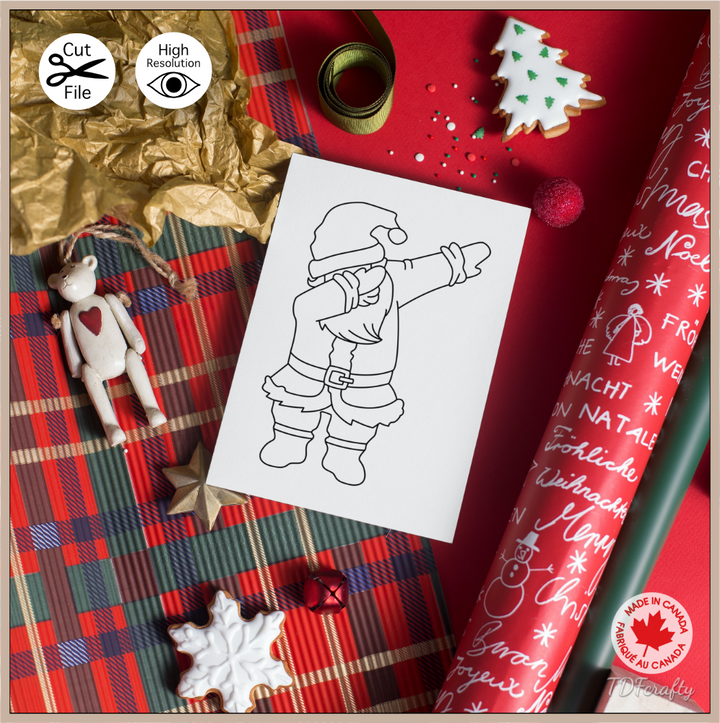 Dabbing Santa cut file design in jpg, png, svg, eps, dxf, ai, psd, pdf shown as a printable card for christmas