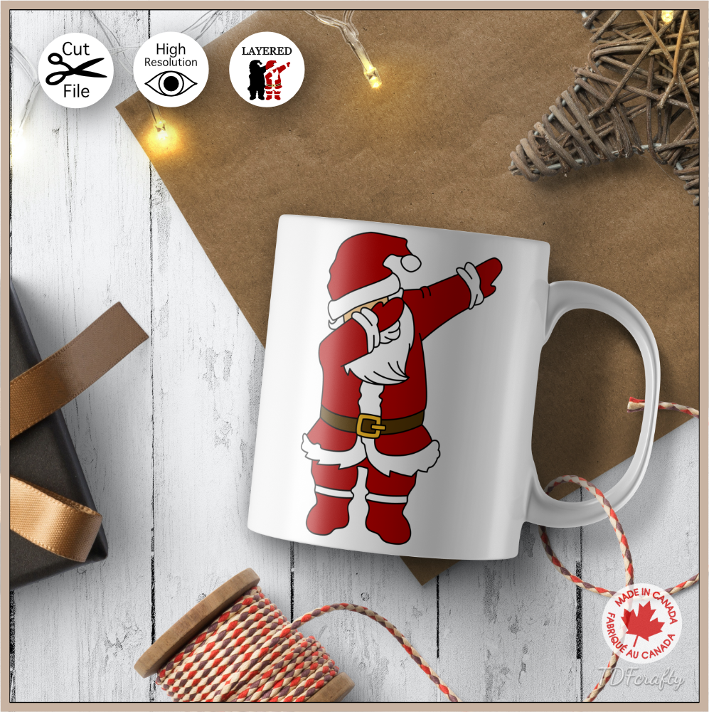 Dabbing Santa cut file design in jpg, png, svg, eps, dxf, ai, psd, pdf shown as a mug press design