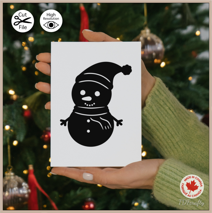 Snowman wearing a santa hat and scarf silhouette cut file design in jpg, png, svg, eps, dxf, ai, psd, pdf shown as a printable card for christmas