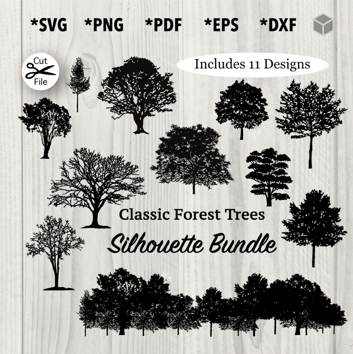 Ensemble de silhouettes d'arbres forestiers classiques