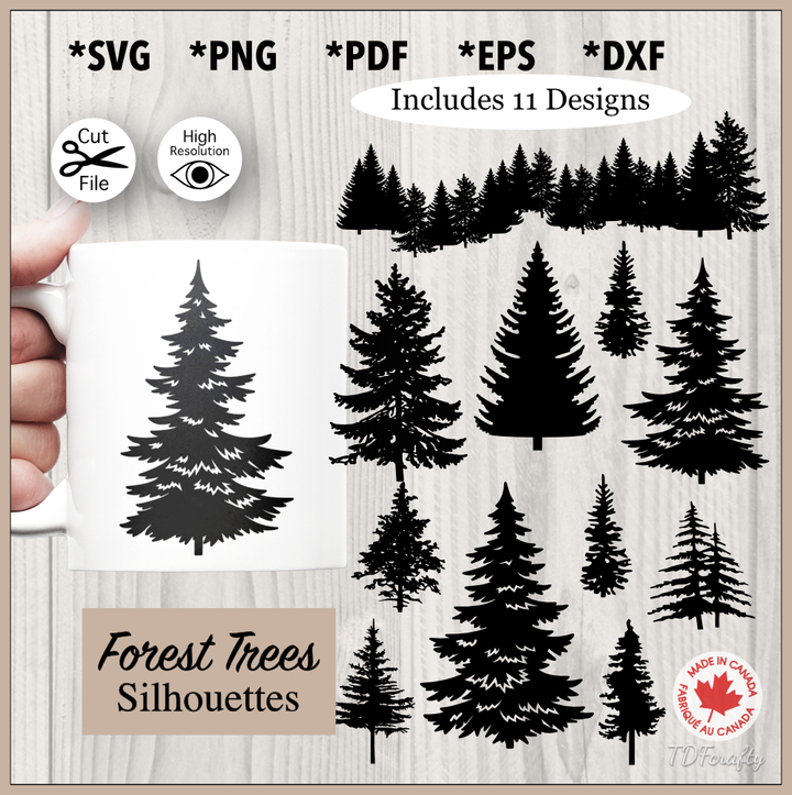 Lot de silhouettes d'arbres forestiers